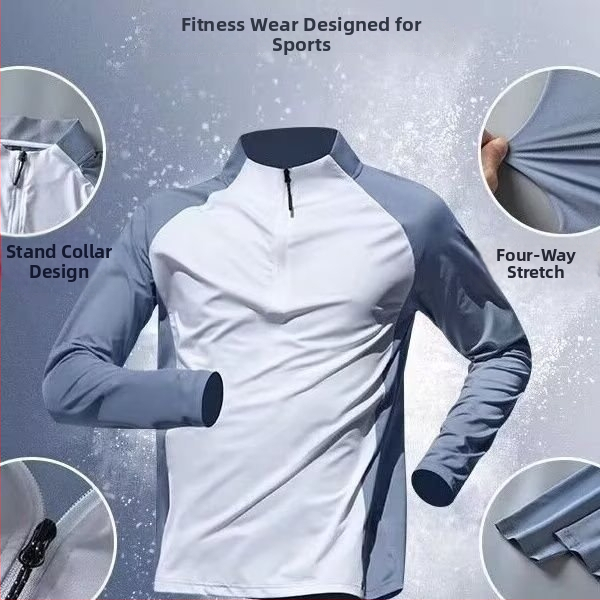 Vīriešu puszipa sporta T-krekls ar ātru žāvēšanu, kapuci, garām piedurknēm