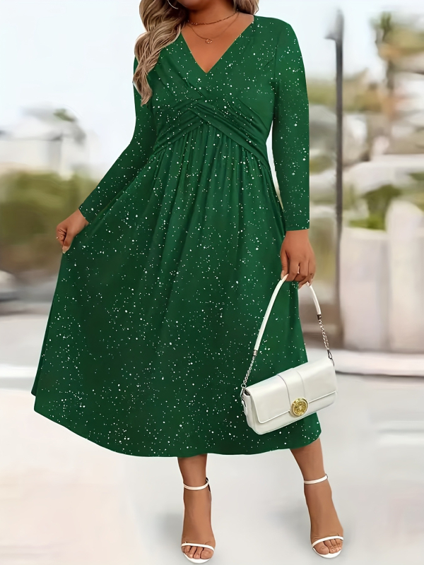 Euro–amerikai stílusú hosszú ruha V-nyakkal, hosszú ujjúval, deréken kötött csomó és kristályos díszítéssel, poliészter anyag.