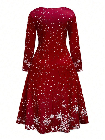 Hópehely mintás hosszú ujjú midi ruha, V-nyakú, poliészter-elasztán keverék, elegáns stílus