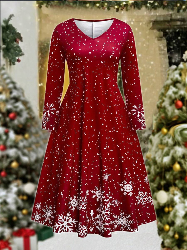 Hópehely mintás hosszú ujjú midi ruha, V-nyakú, poliészter-elasztán keverék, elegáns stílus