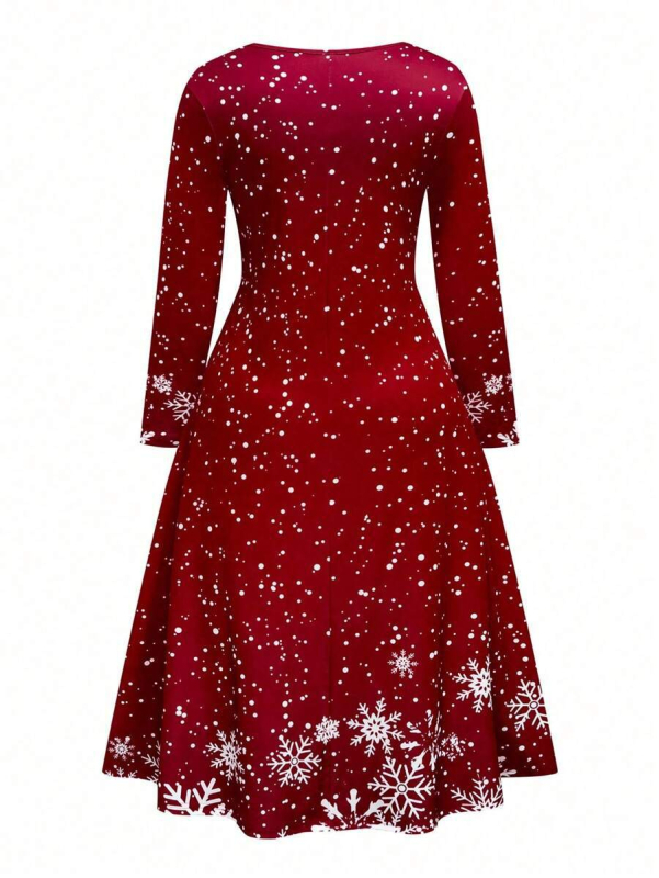 Hópehely mintás hosszú ujjú midi ruha, V-nyakú, poliészter-elasztán keverék, elegáns stílus