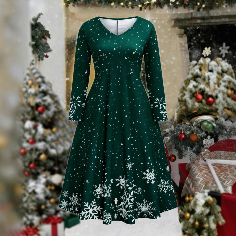 Hópehely mintás hosszú ujjú midi ruha, V-nyakú, poliészter-elasztán keverék, elegáns stílus