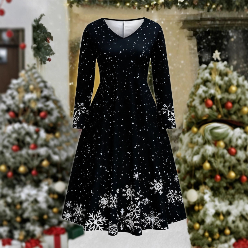 Hópehely mintás hosszú ujjú midi ruha, V-nyakú, poliészter-elasztán keverék, elegáns stílus