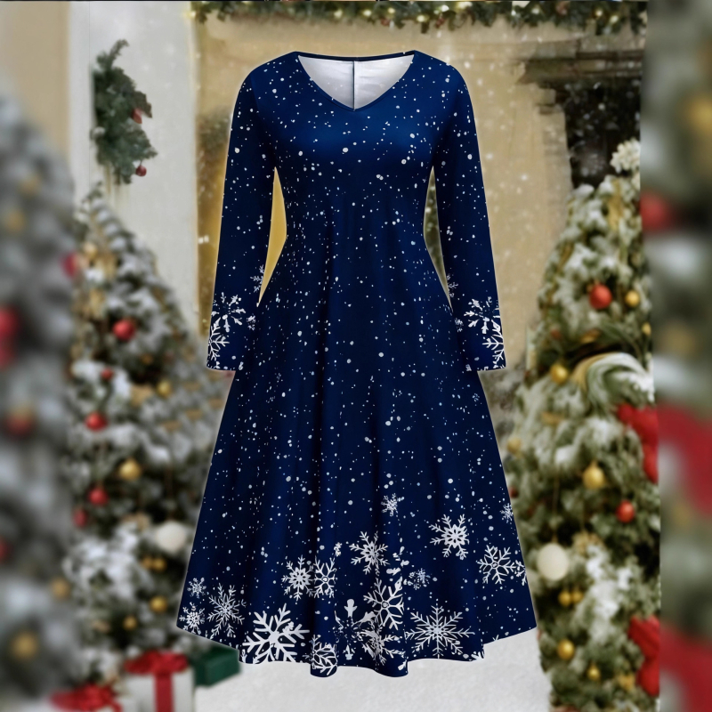 Hópehely mintás hosszú ujjú midi ruha, V-nyakú, poliészter-elasztán keverék, elegáns stílus