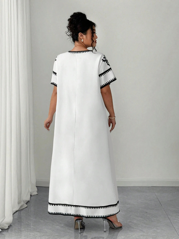 Elegáns hosszú ruha V-nyakkal, digitális nyomtatású minta, poliészter (95%+), elegáns stílus