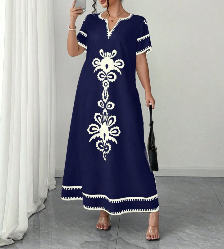 Elegáns hosszú ruha V-nyakkal, digitális nyomtatású minta, poliészter (95%+), elegáns stílus