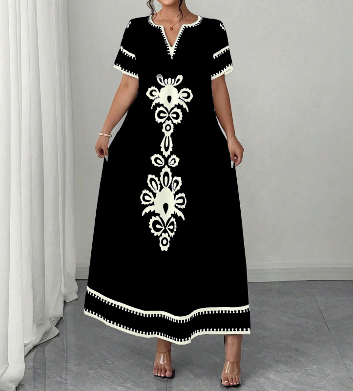 Elegáns hosszú ruha V-nyakkal, digitális nyomtatású minta, poliészter (95%+), elegáns stílus