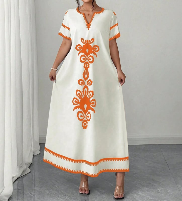 Elegáns hosszú ruha V-nyakkal, digitális nyomtatású minta, poliészter (95%+), elegáns stílus