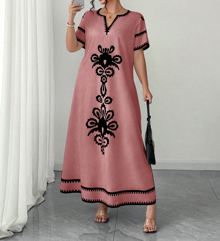 Elegáns hosszú ruha V-nyakkal, digitális nyomtatású minta, poliészter (95%+), elegáns stílus