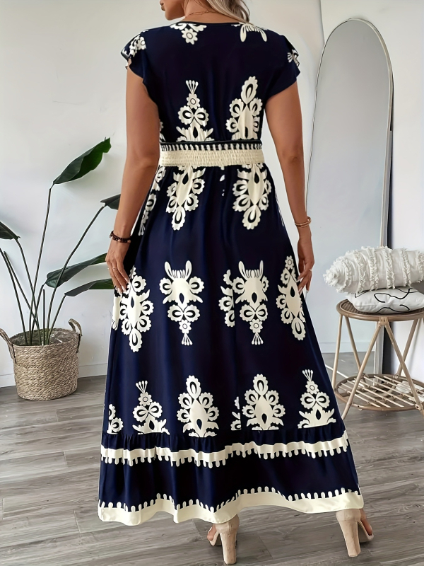 Női nyomtatott V-nyakú A-vonalú ruha derékszorítóval, poliészter.