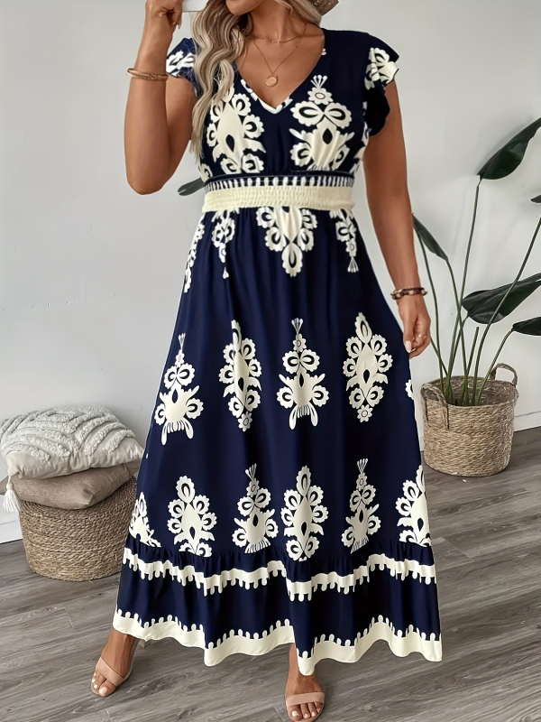 Női nyomtatott V-nyakú A-vonalú ruha derékszorítóval, poliészter.