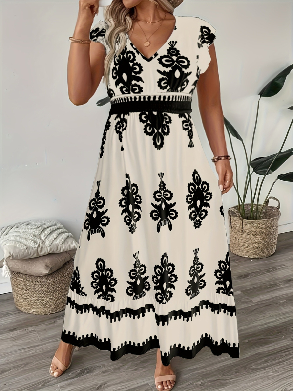 Női nyomtatott V-nyakú A-vonalú ruha derékszorítóval, poliészter.