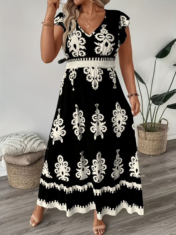 Női nyomtatott V-nyakú A-vonalú ruha derékszorítóval, poliészter.