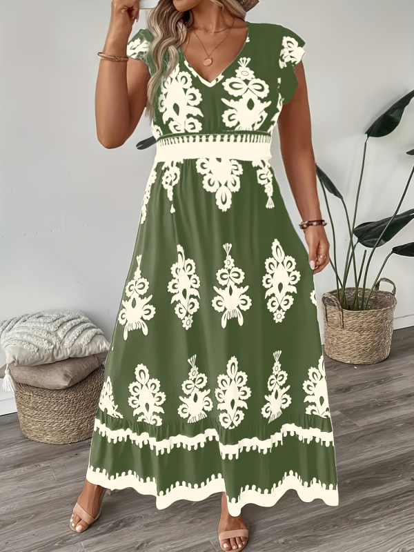 Női nyomtatott V-nyakú A-vonalú ruha derékszorítóval, poliészter.