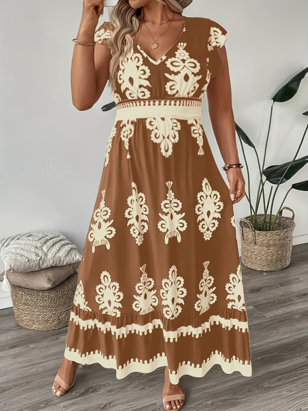 Női nyomtatott V-nyakú A-vonalú ruha derékszorítóval, poliészter.