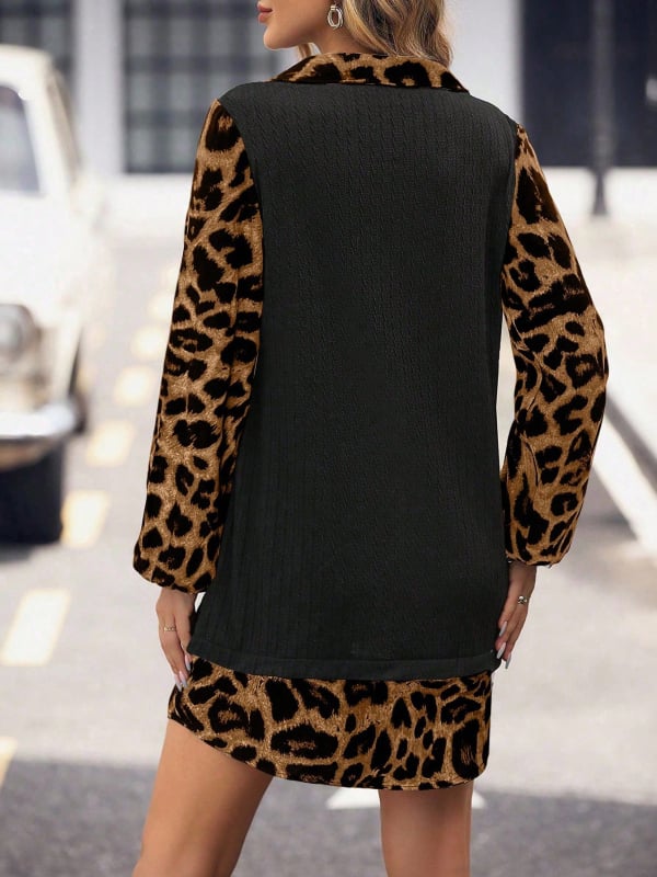 Haljina s leopard printom, dugi rukav, dvodijelna, A-linijska midi, poliester, elegantan uredski stil
