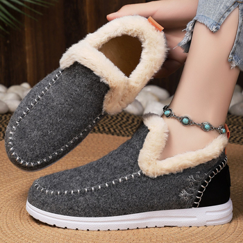 Női téli pamuts cipő, alacsony szárú slip-on csizma plüss béléssel és lapos sarokkal