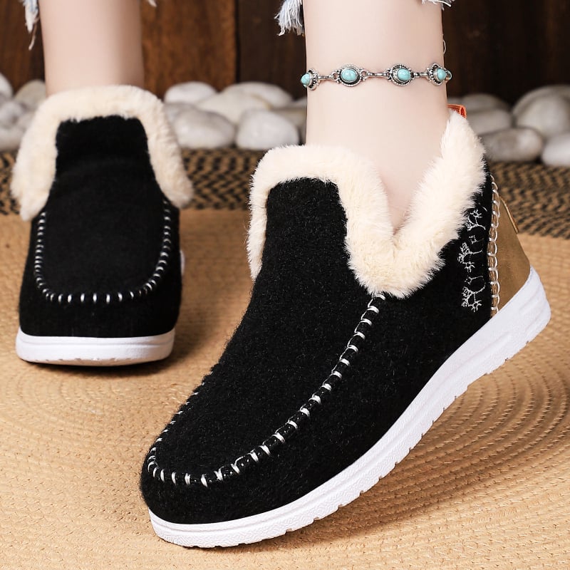 Női téli pamuts cipő, alacsony szárú slip-on csizma plüss béléssel és lapos sarokkal