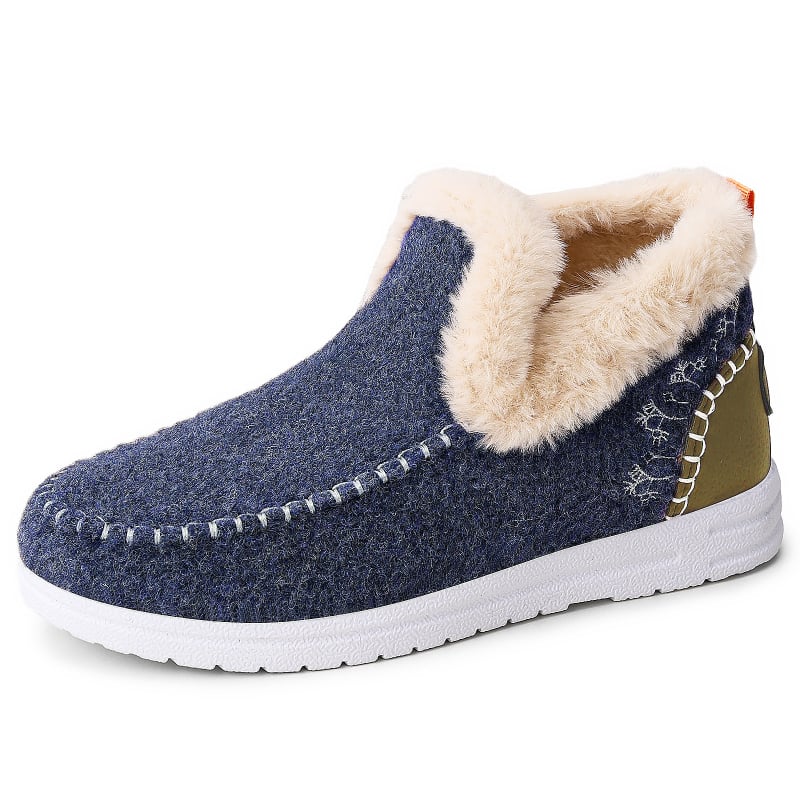 Női téli pamuts cipő, alacsony szárú slip-on csizma plüss béléssel és lapos sarokkal