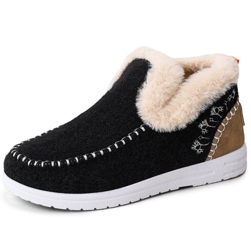 Női téli pamuts cipő, alacsony szárú slip-on csizma plüss béléssel és lapos sarokkal