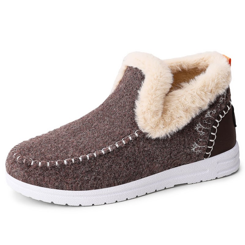 Női téli pamuts cipő, alacsony szárú slip-on csizma plüss béléssel és lapos sarokkal