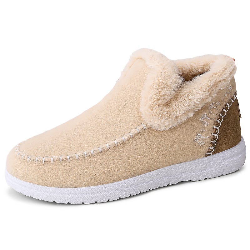 Női téli pamuts cipő, alacsony szárú slip-on csizma plüss béléssel és lapos sarokkal