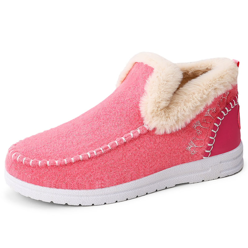 Női téli pamuts cipő, alacsony szárú slip-on csizma plüss béléssel és lapos sarokkal