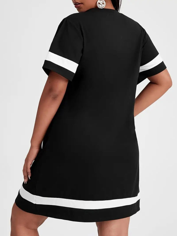 Ženska haljina tipa T-shirt — slobodan kroj, tisk s slovima, kružni izrez, 3/4 rukavi, midi duljina, proljeće 2025, poliester s 90–95% elastana