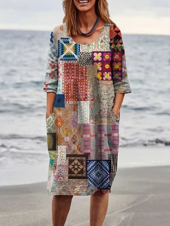 Плисирана рокля с джобове, ежедневна свободна кройка, кръгло деколте, 3/4 ръкави, средна дължина рокля, полиестер абстрактен принт