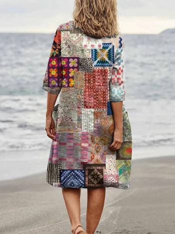 Плисирана рокля с джобове, ежедневна свободна кройка, кръгло деколте, 3/4 ръкави, средна дължина рокля, полиестер абстрактен принт