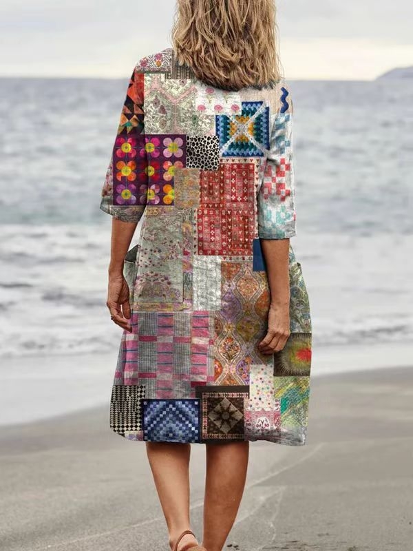 Плисирана рокля с джобове, ежедневна свободна кройка, кръгло деколте, 3/4 ръкави, средна дължина рокля, полиестер абстрактен принт