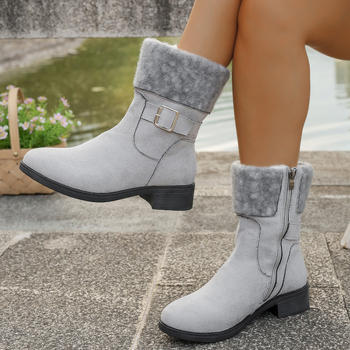 Замшени мартин ботуши с дебел ток, страничен цип и каишка с катарама – топли зимни обувки