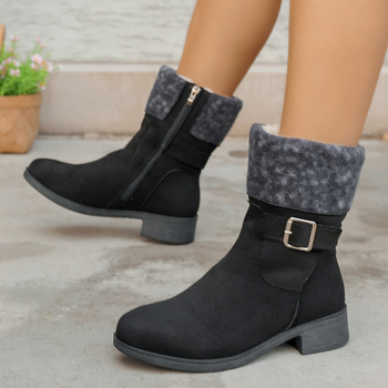 Замшени мартин ботуши с дебел ток, страничен цип и каишка с катарама – топли зимни обувки