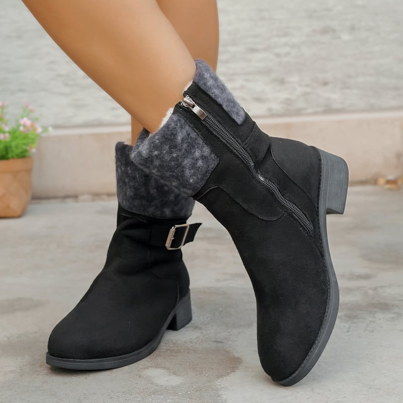 Замшени мартин ботуши с дебел ток, страничен цип и каишка с катарама – топли зимни обувки