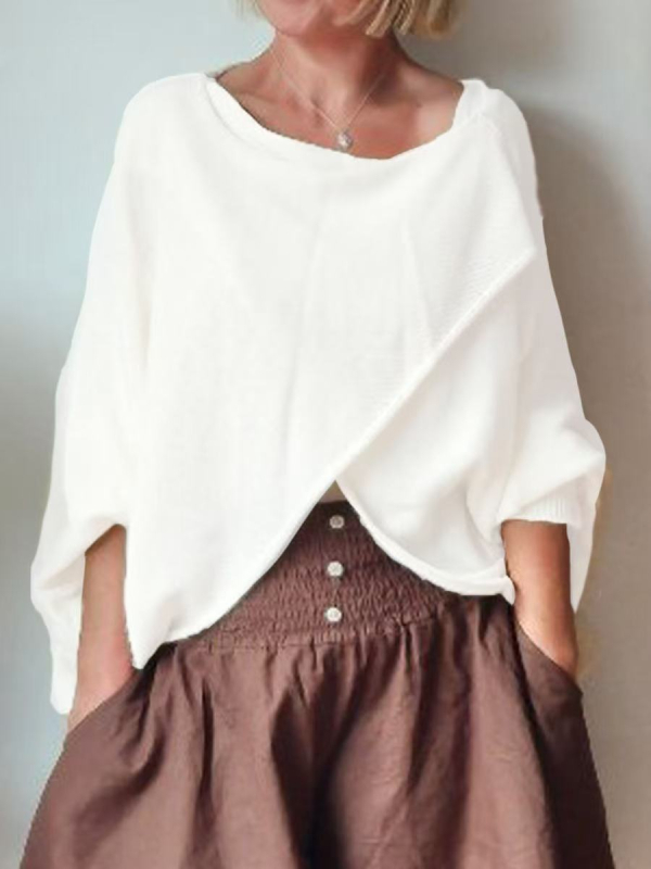 Ženski pulover top od kašmir brushed pletenine, mješavina poliestera i elastana, okrugli izrez, kratki rukavi, standardna duljina, retro stil