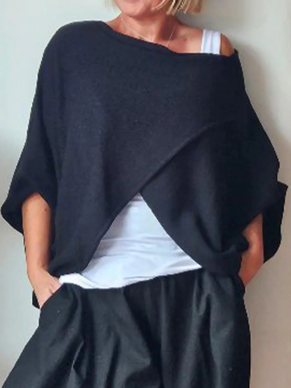 Ženski pulover top od kašmir brushed pletenine, mješavina poliestera i elastana, okrugli izrez, kratki rukavi, standardna duljina, retro stil