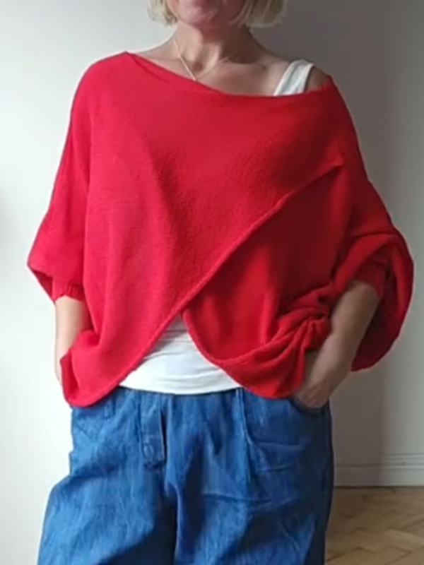 Ženski pulover top od kašmir brushed pletenine, mješavina poliestera i elastana, okrugli izrez, kratki rukavi, standardna duljina, retro stil