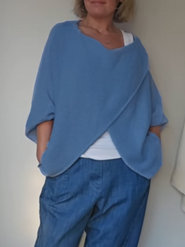 Ženski pulover top od kašmir brushed pletenine, mješavina poliestera i elastana, okrugli izrez, kratki rukavi, standardna duljina, retro stil