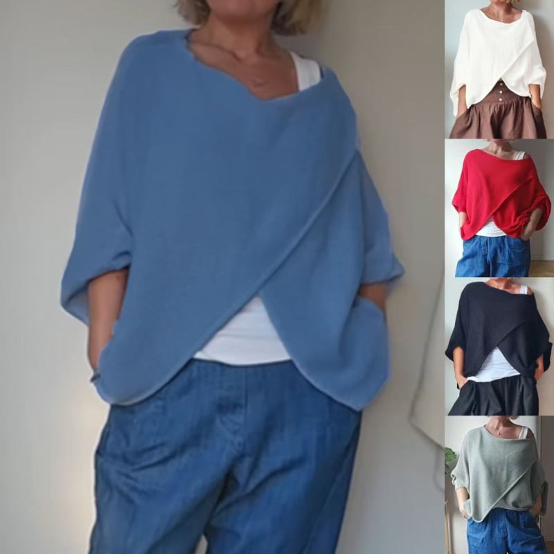 Ženski pulover top od kašmir brushed pletenine, mješavina poliestera i elastana, okrugli izrez, kratki rukavi, standardna duljina, retro stil