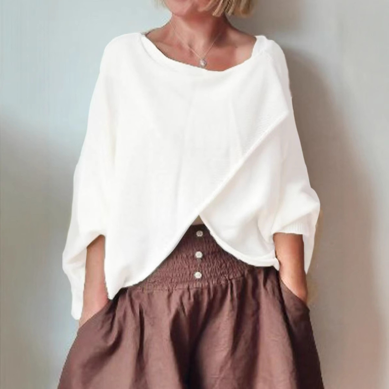 Ženski pulover top od kašmir brushed pletenine, mješavina poliestera i elastana, okrugli izrez, kratki rukavi, standardna duljina, retro stil