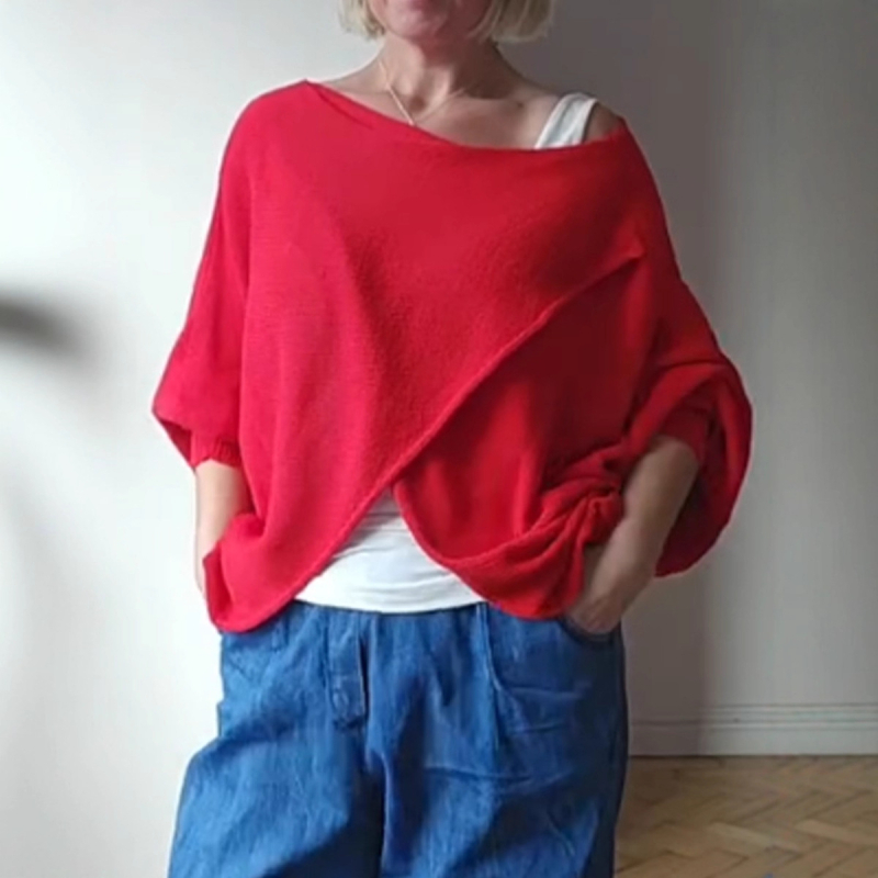 Ženski pulover top od kašmir brushed pletenine, mješavina poliestera i elastana, okrugli izrez, kratki rukavi, standardna duljina, retro stil