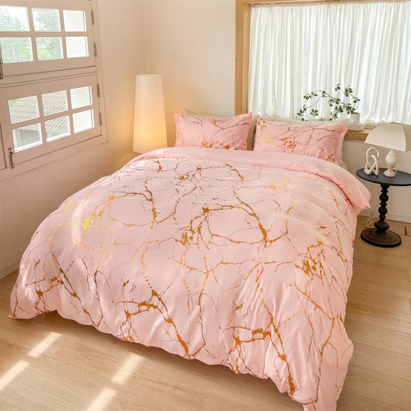 Комплект покривки за завивка, памук-лен, мраморен модел с позлатено щамповане, принт Tie-Dye, три части