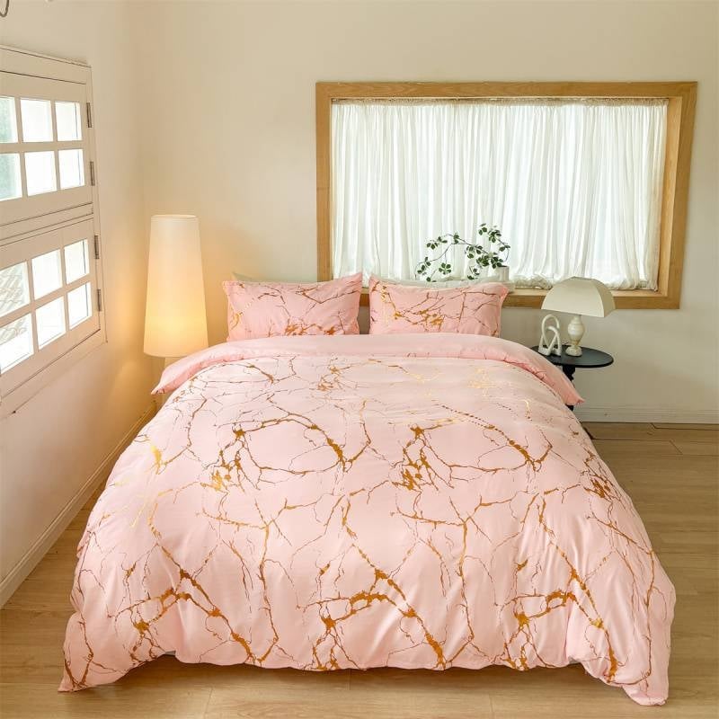 Комплект покривки за завивка, памук-лен, мраморен модел с позлатено щамповане, принт Tie-Dye, три части