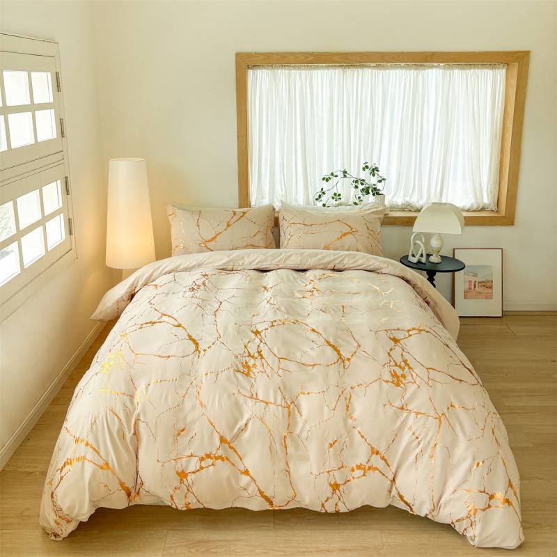 Комплект покривки за завивка, памук-лен, мраморен модел с позлатено щамповане, принт Tie-Dye, три части