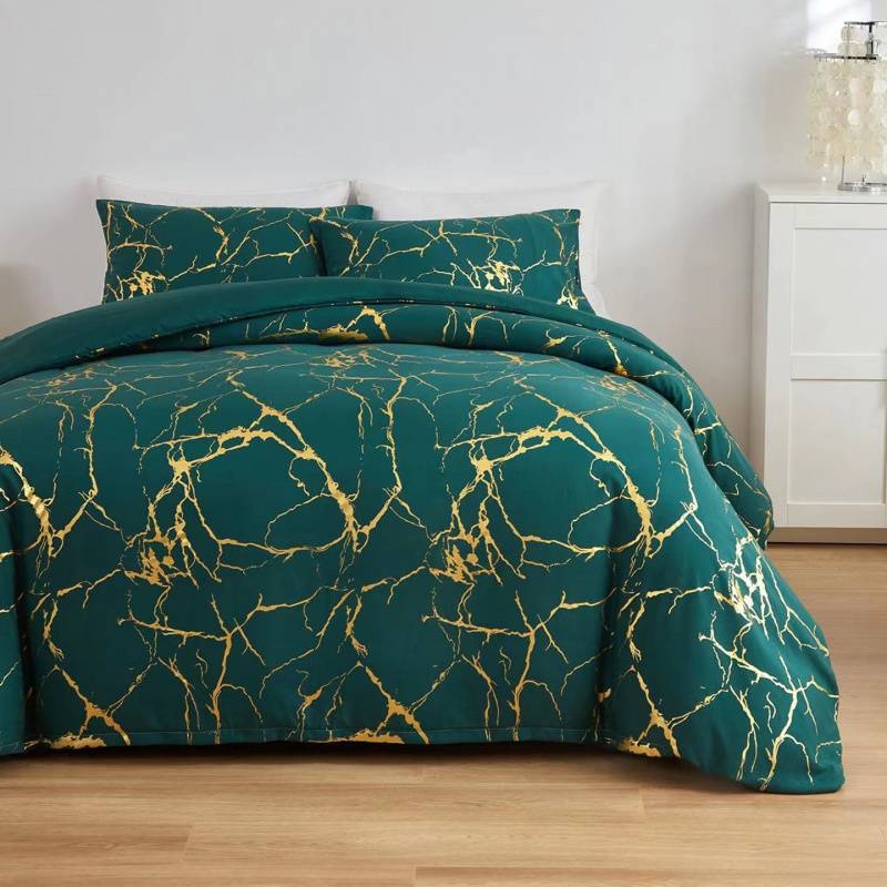 Комплект покривки за завивка, памук-лен, мраморен модел с позлатено щамповане, принт Tie-Dye, три части