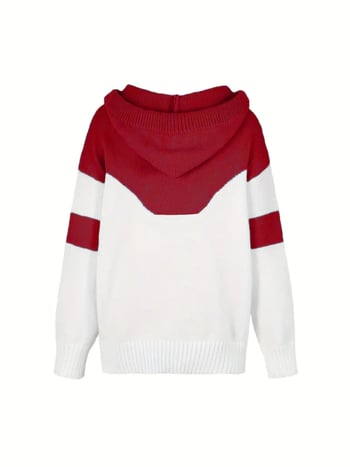 Dámsky kapucňový pulóver s kontrastným vzorom, polyester (95%+), voľný strih, ramená spustené