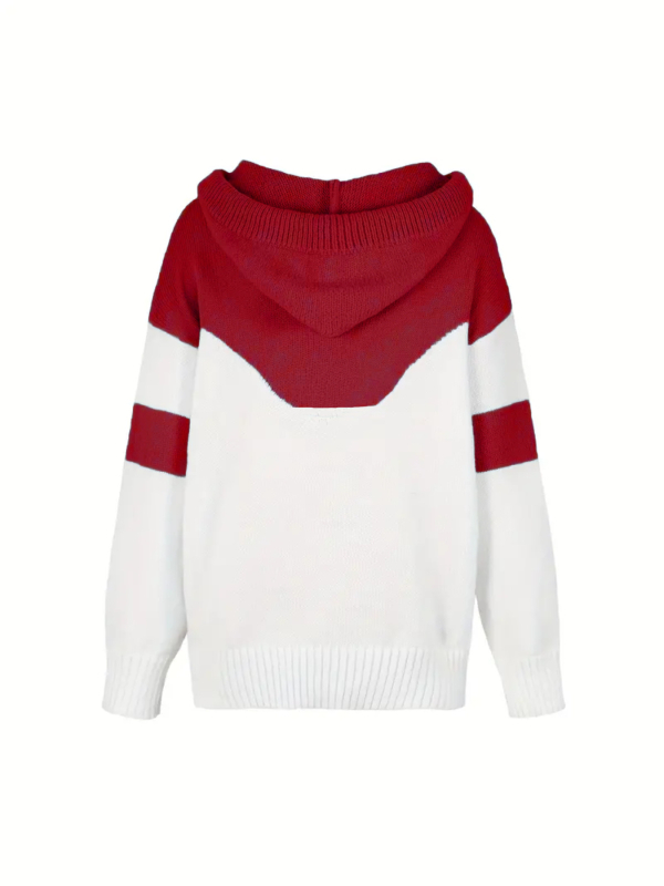 Dámsky kapucňový pulóver s kontrastným vzorom, polyester (95%+), voľný strih, ramená spustené