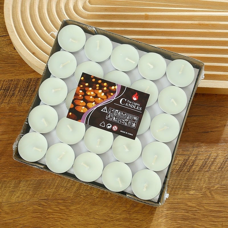 Бездимни чайни восъчни свещи – кръгла форма, парафинов восък, горене 1,5 ч, 100 бр