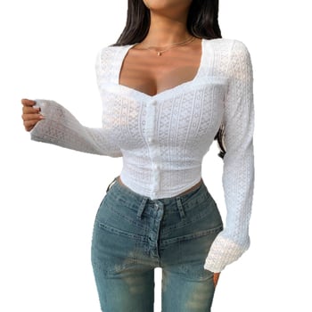 Čipkovaný pletený top s výstrihom do štvorca, úzky strih, krátka dĺžka, dlhé rukávy, polyesterové pleteniny, 3D efekt