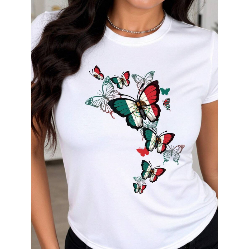 Тениска с пеперуден принт, кръстосана търговия, стандартна версия, къс ръкав, флис подплата, смес от влакна на млечен протеин 51–70%